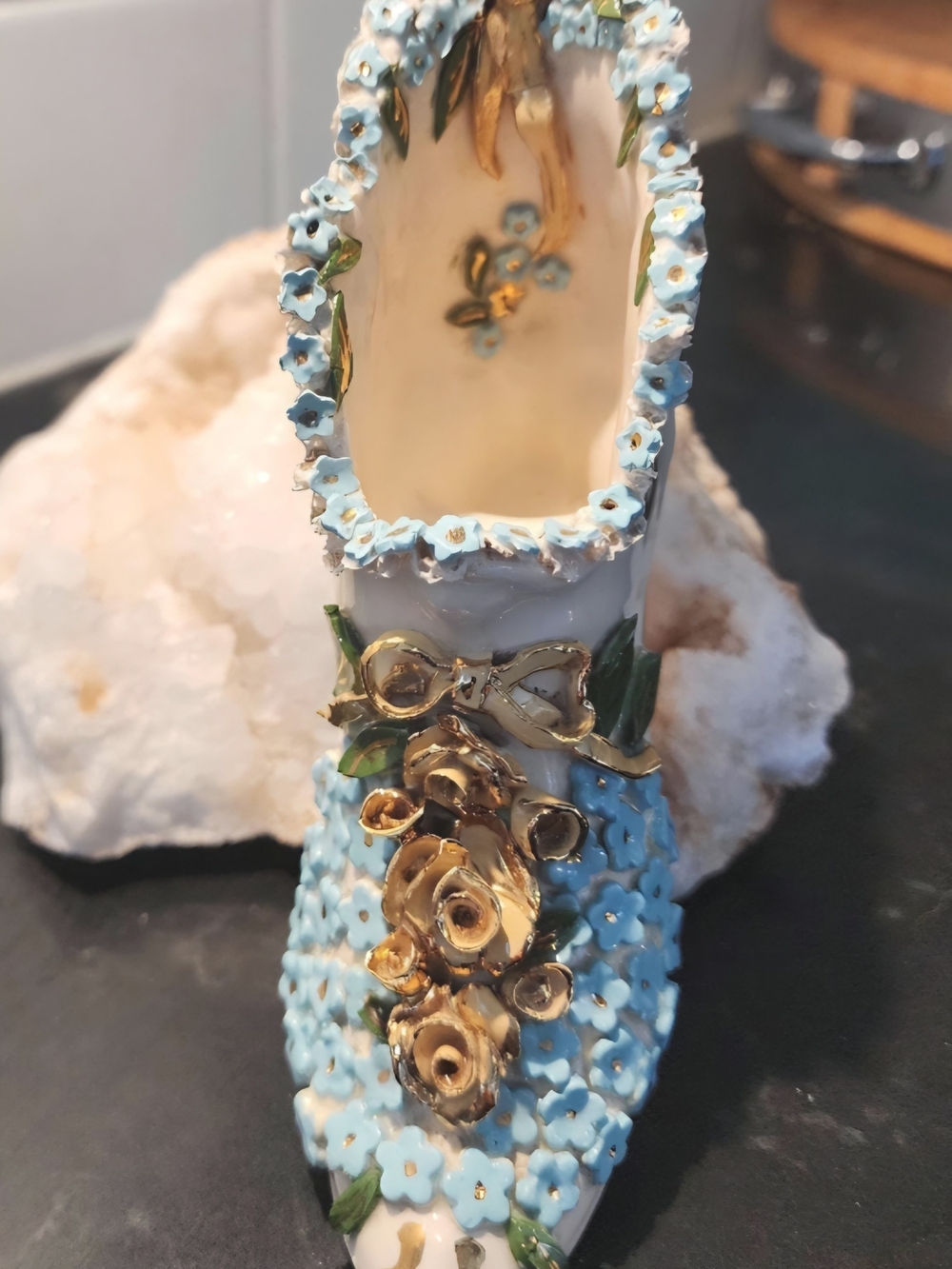 Vintage 1951 Porcelain Shoe Vase: Hand-Painted Forget-Me-Nots & Gold Trim
